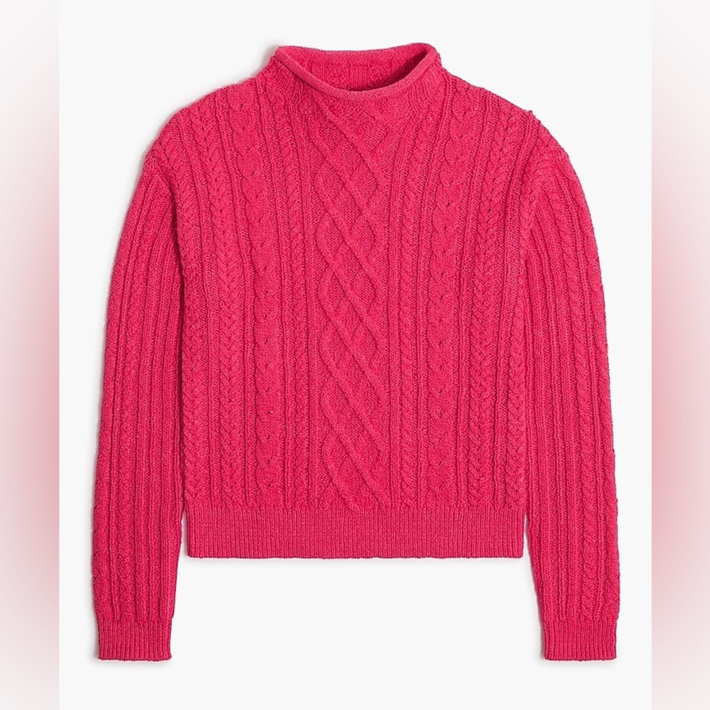 NWT NEW J.Crew J crew Small bright pink crew roll mock neck cable knit sweater - Picture 3 of 8